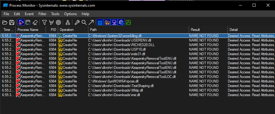 Procmon filtered results